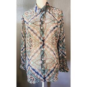 Chico's Easywear Sheer Button down Multicolored Collared Long Sleeve blouse 2